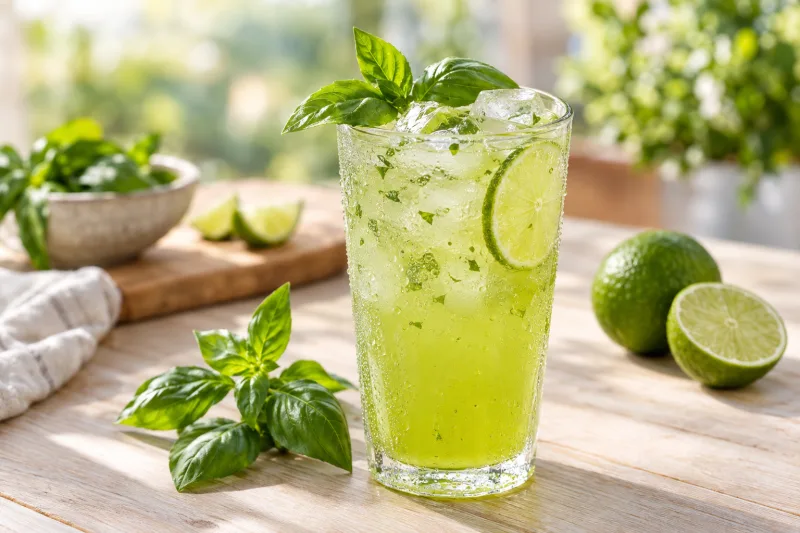 Glas mit grüner Basilikum-Limettenlimonade, Eiswürfeln, Limettenscheibe und frischem Basilikum