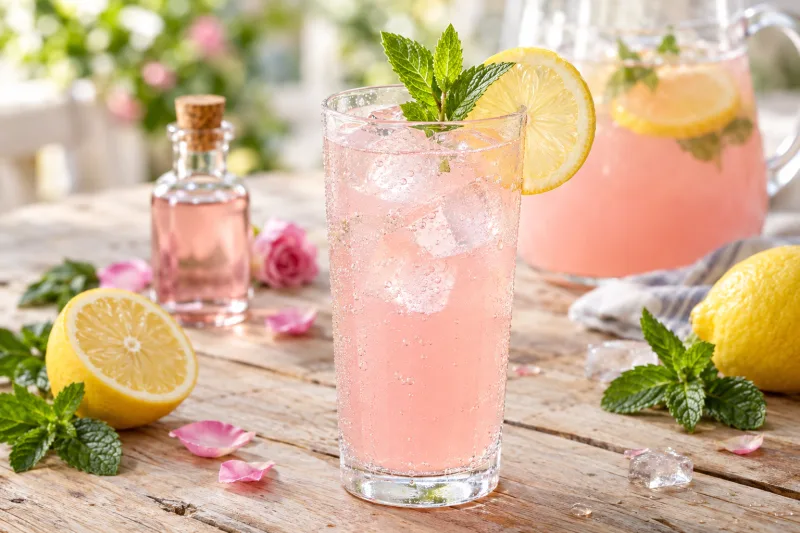 Glas mit Rosenwasser-Zitronenlimonade, garniert mit Zitronenscheibe und Minze