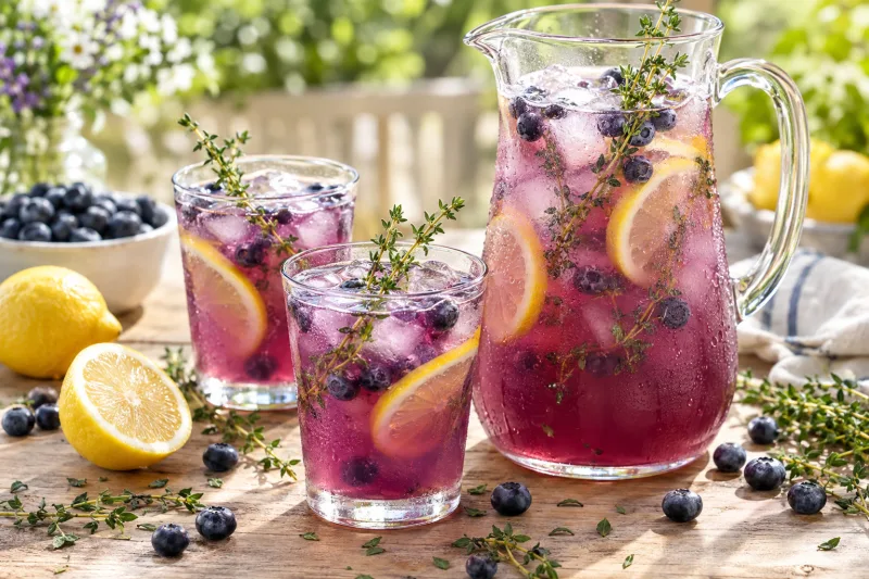 Violette Thymian-Blaubeer-Limonade in Gläsern mit Eiswürfeln, Blaubeeren und Thymianzweig
