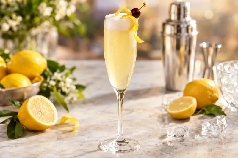 Veganer French 75 Cocktail im Champagnerglas mit Zitronenzeste und Schaumkrone