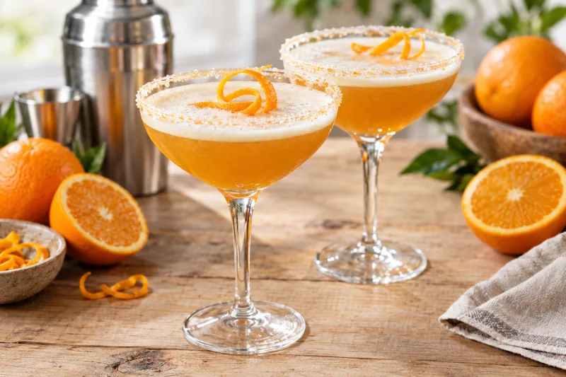 Veganer Sidecar Cocktail in eleganten Gläsern mit Zuckerrand und Orangenzeste