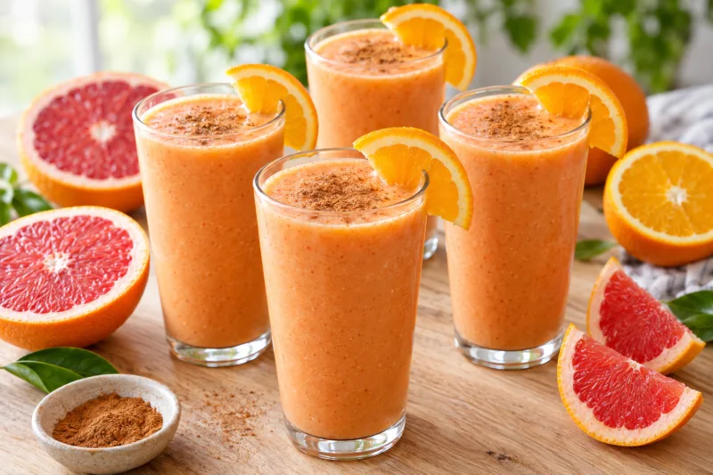 Vier Gläser mit leuchtend orangefarbenem Grapefruit-Orangen-Smoothie, mit Zimt bestreut