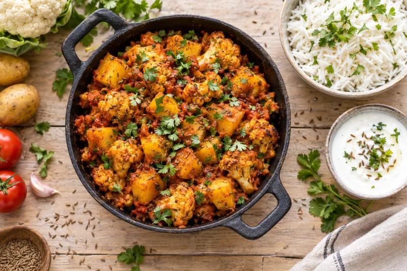 Veganes Aloo Gobi mit Kartoffeln, Blumenkohl und frischem Koriander in einer Pfanne