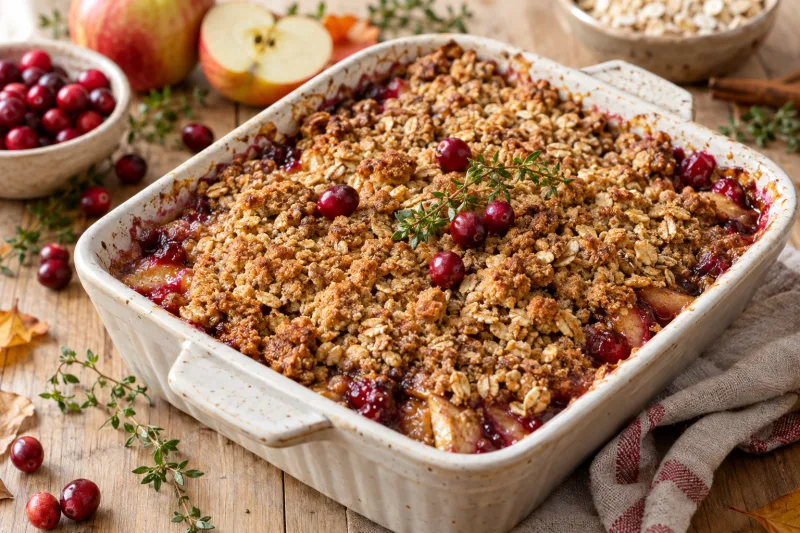Veganer Apfel-Cranberry-Crumble in einer Auflaufform, goldbraune Streusel, warm serviert