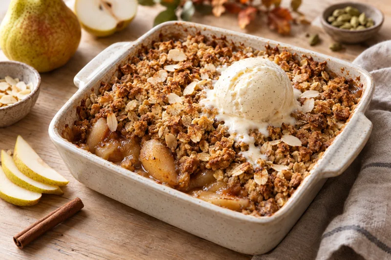 Goldbrauner veganer Birnen-Crumble mit Kardamom in einer Auflaufform, mit Mandelblättchen bestreut