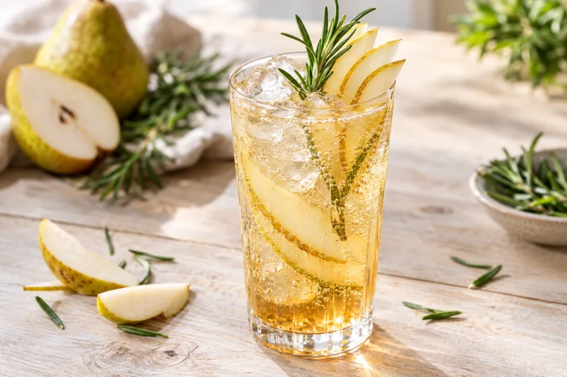 Veganer Birnen-Rosmarin-Mocktail im Glas mit Eis, Birnenscheiben und Rosmarinzweig auf hellem Holztisch