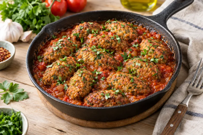 Vegane Bulgur-Köfte in roter Tomatensauce mit Petersilie garniert in einer Pfanne.