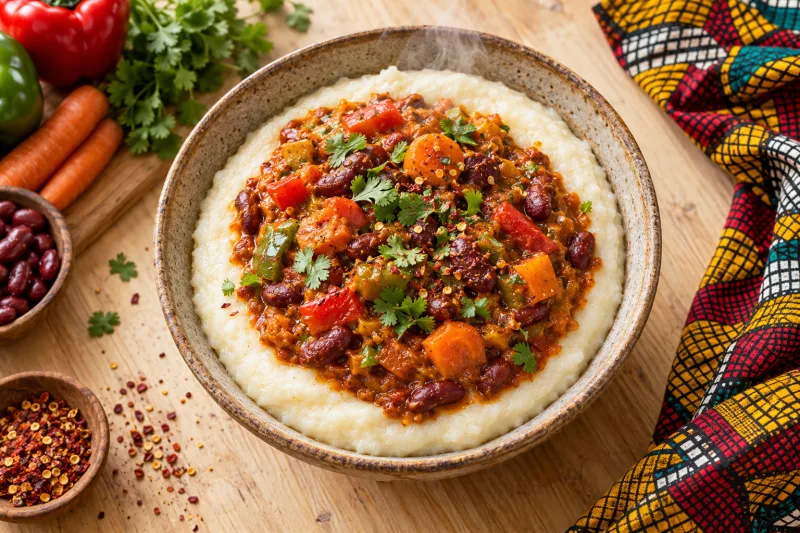 Veganes Chakalaka mit Pap in einer Schüssel, garniert mit frischem Koriander und Chiliflocken auf rustikalem Holztisch