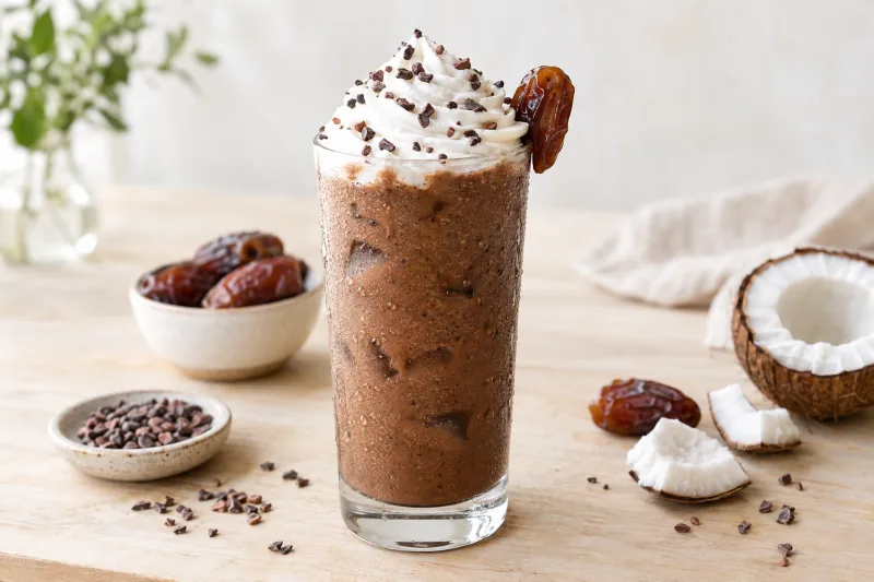 Veganer Dattel-Kakao-Frappé in einem hohen Glas mit Strohhalm, garniert mit Kakaonibs und einer Dattel, auf hellem Hintergrund.