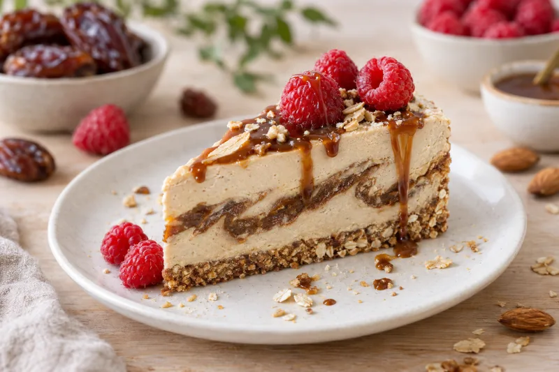 Veganer Dattel-Karamell-Cheesecake ohne Backen auf einem Teller, mit Karamellswirl und Beeren