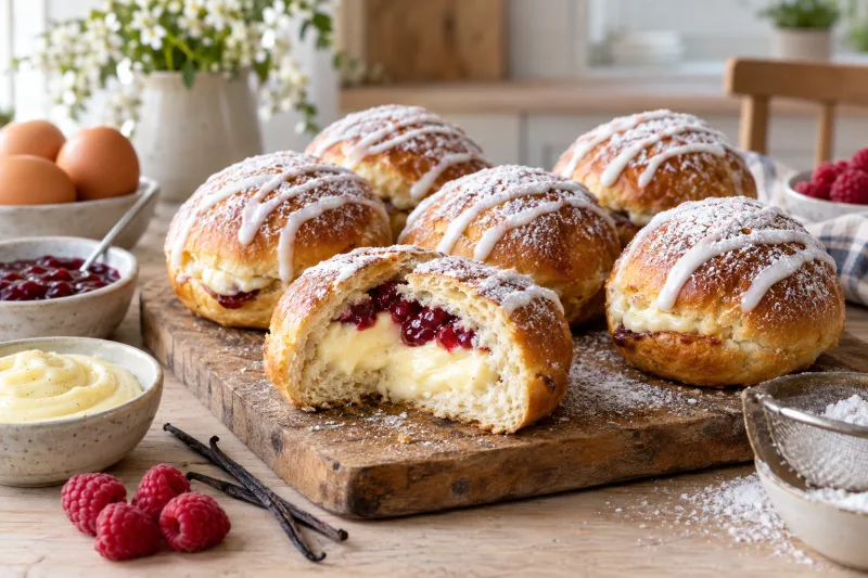 Vegane Fastelavnsboller mit Vanillecremefüllung und Zuckerguss auf einem Holzbrett