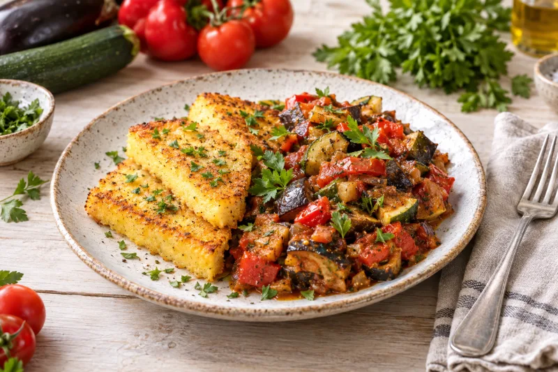 Gebratene Polentascheiben mit buntem Ratatouille auf einem Teller