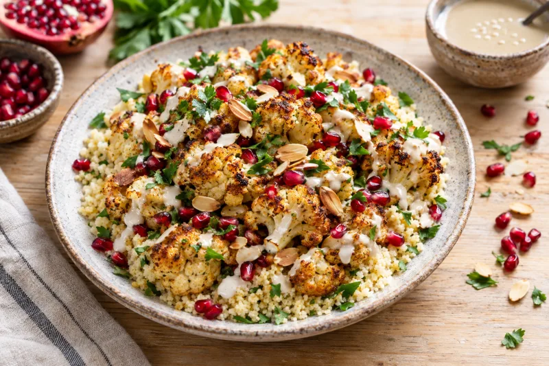 Gerösteter Blumenkohl mit Tahini-Sauce und Granatapfelkernen auf Couscous