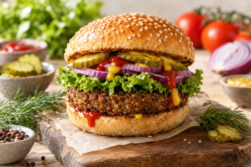 Vegane Grilletta mit knusprigem Bratling, Salat, roten Zwiebelringen und Gurke im Sesambrötchen