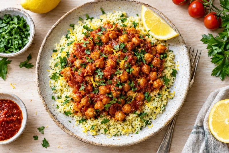 Harissa-Kichererbsen auf Zitronencouscous mit Petersilie bestreut