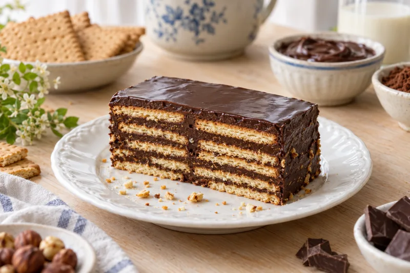 Veganer Kalter Hund Schichtkuchen mit Schokolade und Butterkeksen auf einem Teller