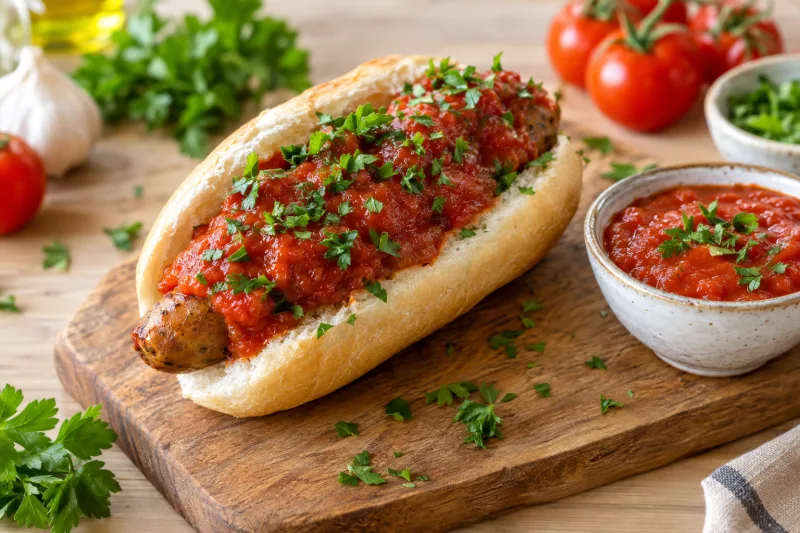Vegane Ketwurst im aufgeschnittenen Brötchen mit roter Tomatensoße, bestreut mit frischer Petersilie, auf einem Holzteller.