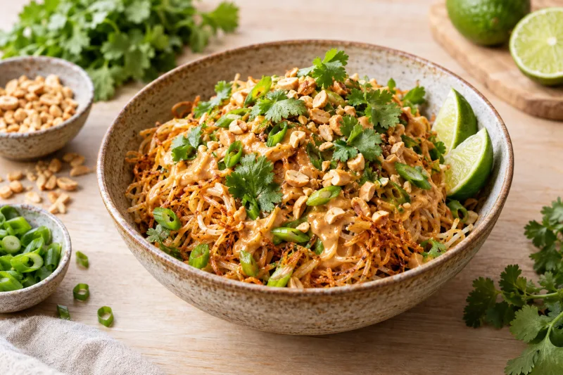 Knusprige Reisnudeln mit Erdnuss-Limetten-Sauce, garniert mit Erdnüssen und Limette