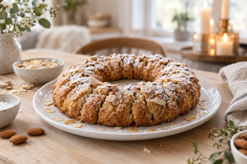 Veganes Kransekage – Dänischer Marzipankranzkuchen auf Teller, mit Puderzucker bestäubt