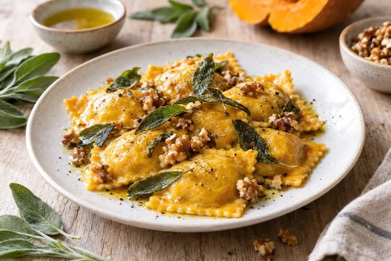 Vegane Kürbis-Ravioli in Salbeiöl auf einem Teller, garniert mit Salbeiblättern