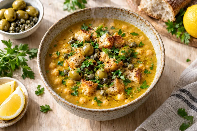 Dampfende vegane Lablabi-Suppe mit Brotwürfeln, Kichererbsen, Kapern, Oliven und Petersilie in einer Schale