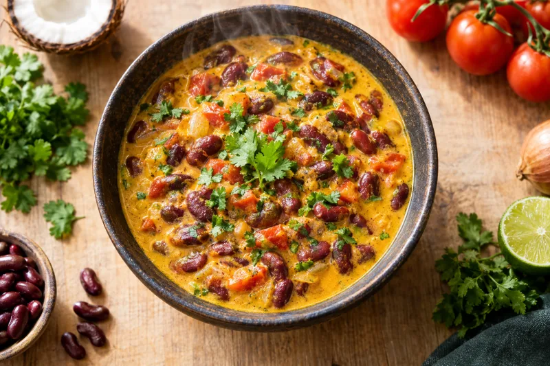 Maharagwe ya Nazi – vegane Bohnen in cremiger Kokossoße mit Tomaten und Koriander in einer Schale