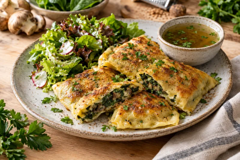 Vegane Maultaschen mit Spinat-Pilz-Füllung auf einem Teller mit frischer Petersilie