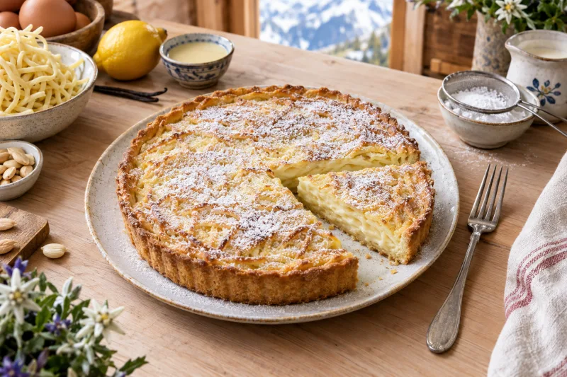 Veganer Nidelkuchen mit goldgelber Oberfläche und Puderzucker auf einem Teller, daneben eine Gabel.
