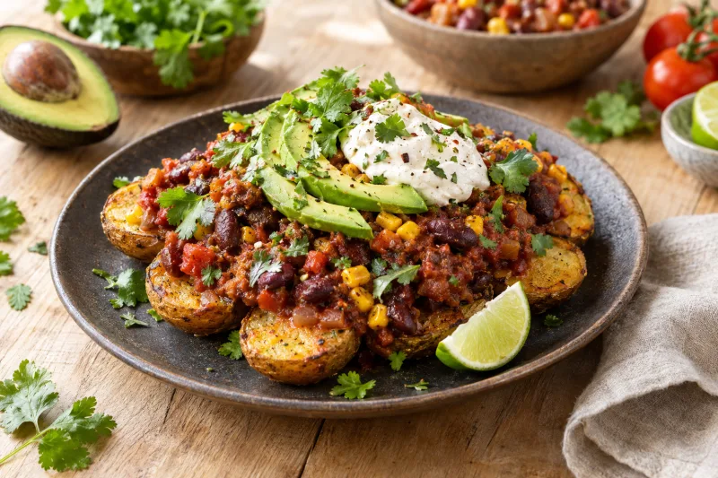 Knusprige Ofenkartoffeln mit Bohnen-Chili, Avocado und Sour Cream auf einem Teller