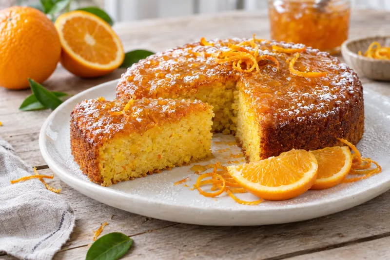 Goldbrauner veganer Orangen-Polenta-Kuchen mit Orangensirup-Glasur auf einem Teller