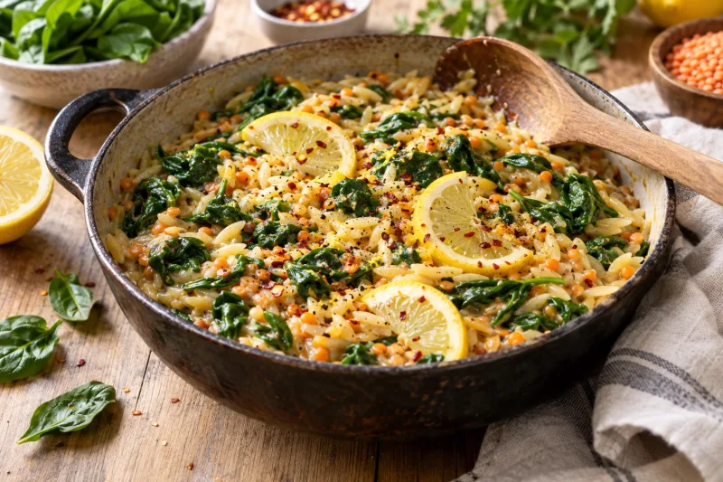 Cremige vegane Orzo-Pfanne mit Spinat, Zitronenscheiben und Hefeflocken in einer Pfanne