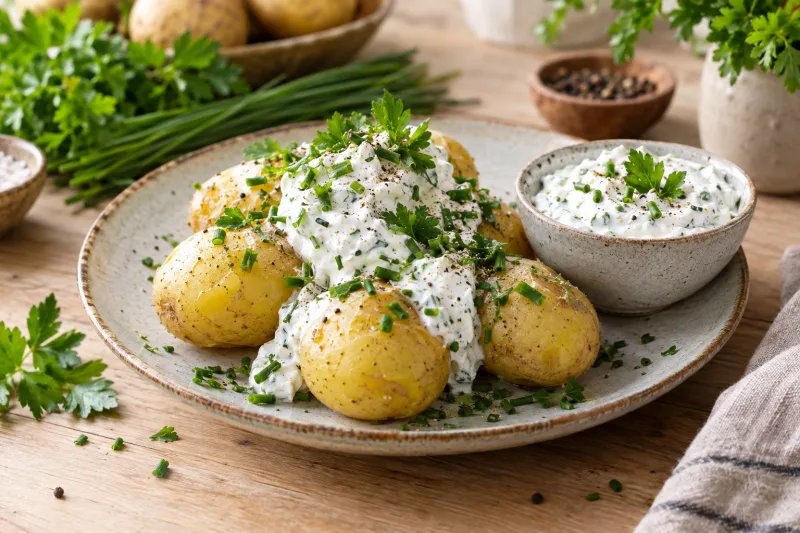 Vegane Pellkartoffeln mit Kräuterquark auf einem Teller, garniert mit Schnittlauch und Pfeffer