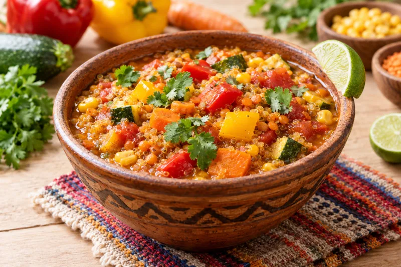 Veganer Quinoa-Eintopf mit Gemüse und Koriander in einer Schale