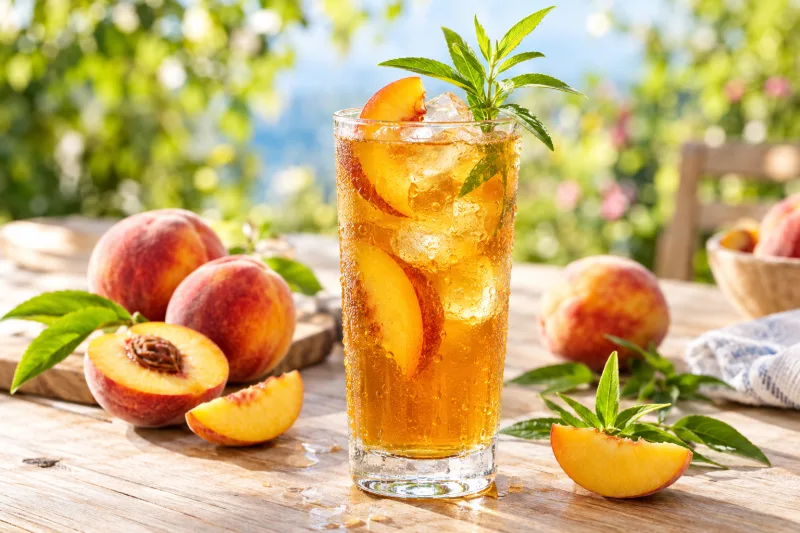Glas mit Pfirsich-Eistee, garniert mit Pfirsichspalten und Zitronenverbene, auf Holztisch mit Eiswürfeln