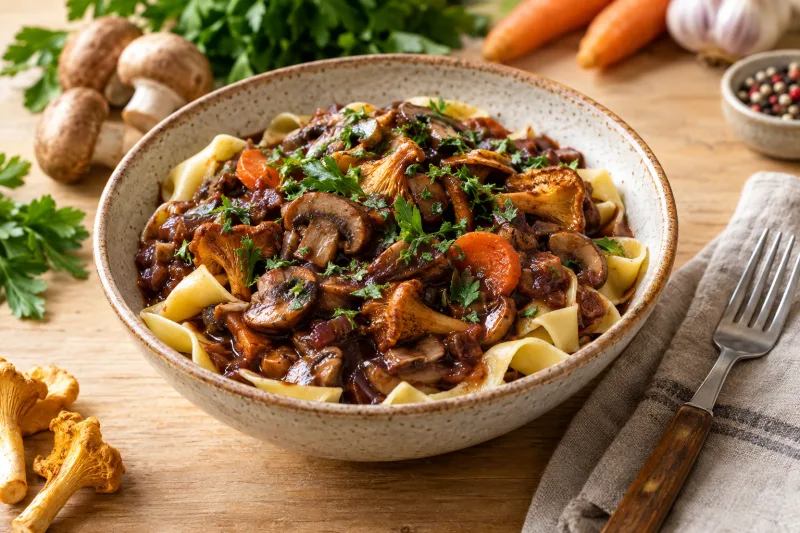 Veganes Pilz-Bourguignon mit Bandnudeln auf einem Teller, garniert mit Petersilie