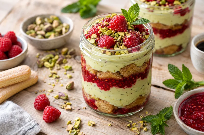 Veganes Pistazien-Himbeer-Tiramisu im Glas mit frischen Himbeeren und gehackten Pistazien