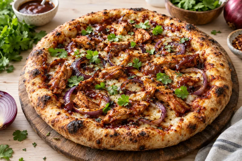Vegane BBQ-Chicken-Pizza mit geschmolzenem Käse, roten Zwiebeln und frischem Koriander auf einem Holzbrett.