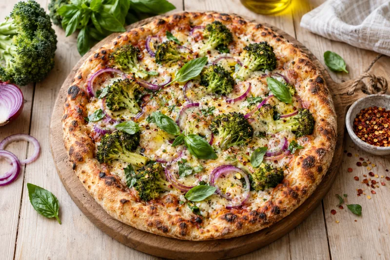 Vegane Brokkoli-Pizza mit geschmolzenem veganen Käse, roten Zwiebeln und Basilikum auf einem Holzbrett
