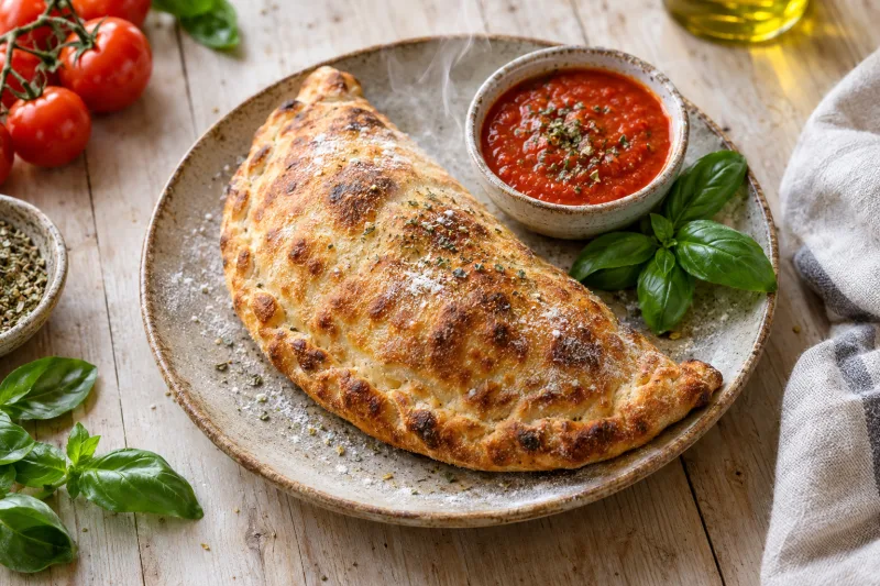 Vegane Pizza Calzone auf einem Teller, goldbraun gebacken, daneben frische Kräuter und Tomatensoße.