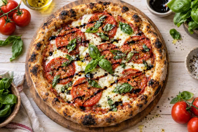 Vegane Pizza Caprese mit Tomatenscheiben, geschmolzenem veganen Mozzarella und frischem Basilikum auf Holzbrett