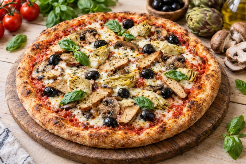 Vegane Pizza Capricciosa mit goldbraunem Rand, Käse, Champignons, Artischocken und Oliven auf Holzbrett