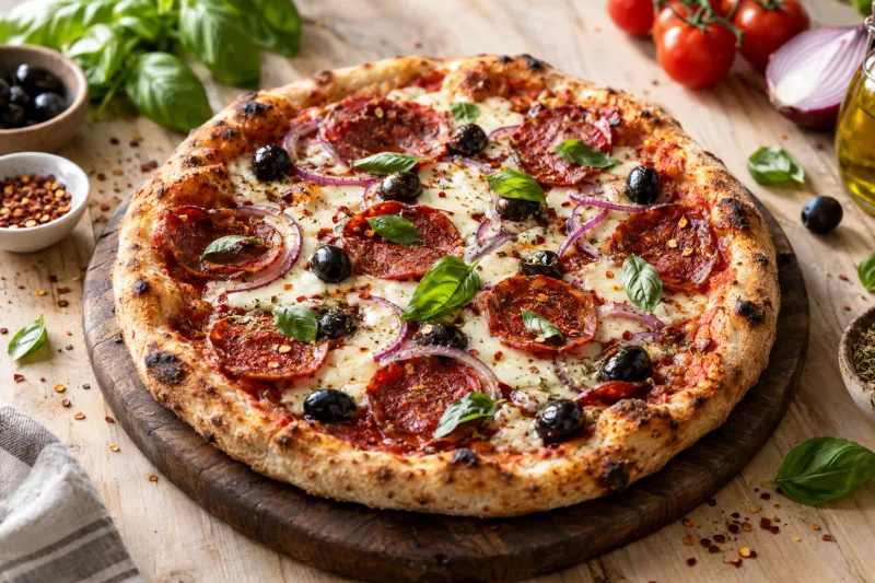 Vegane Pizza Diavola mit geschmolzenem veganen Käse, scharfer Salami, Oliven und Chiliflocken auf Holzbrett