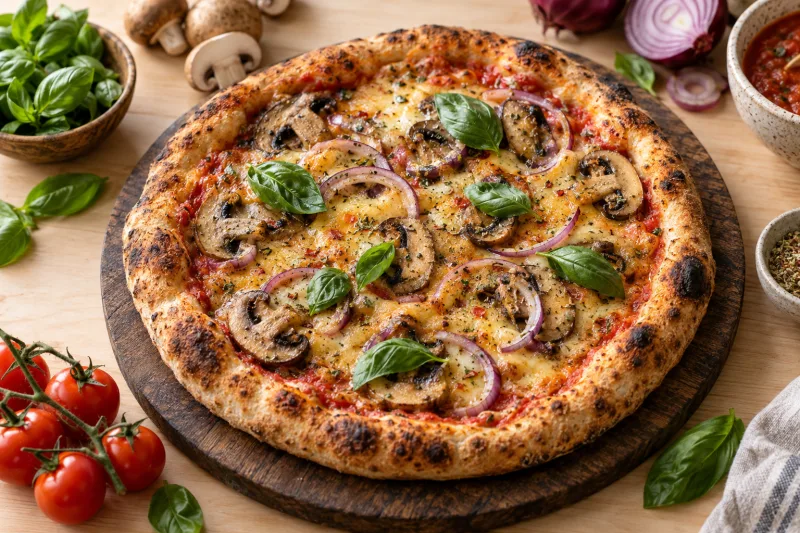 Vegane Pizza Funghi mit Champignons, Zwiebeln, geschmolzenem veganen Käse und frischem Basilikum auf Holzbrett
