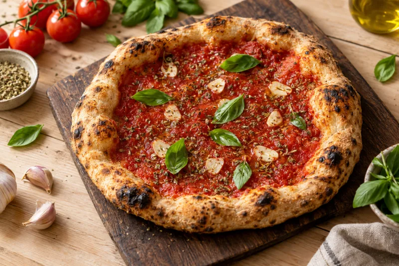 Vegane Pizza Marinara mit Tomatensauce, Knoblauchscheiben und Oregano auf rustikalem Holzbrett