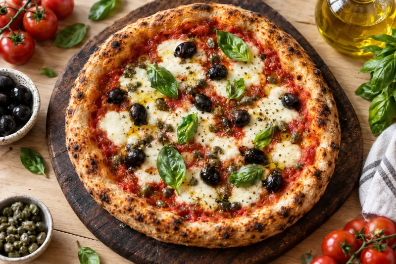Vegane Pizza Napoli auf Holzbrett mit geschmolzenem veganen Käse, Oliven und Kapern, garniert mit Basilikum