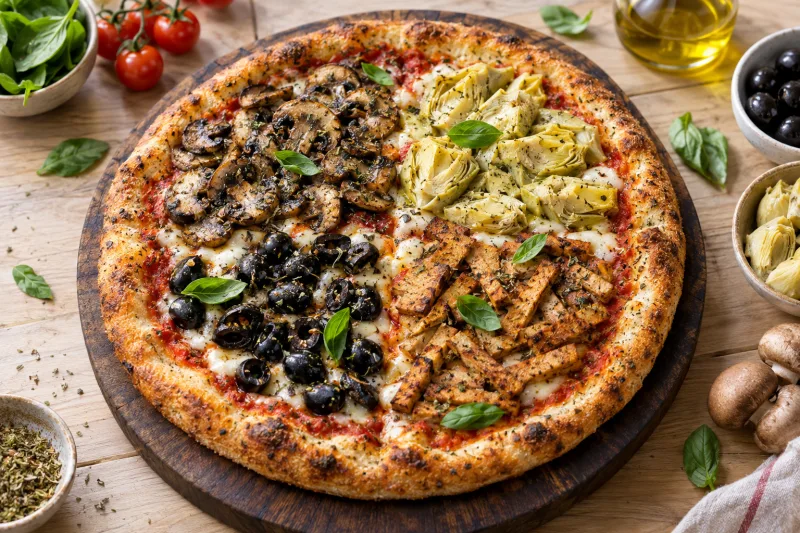 Vegane Pizza Quattro Stagioni auf Holzbrett, in vier Bereiche unterteilt mit Artischocken, Pilzen, Oliven und Tofu, goldbrauner Rand