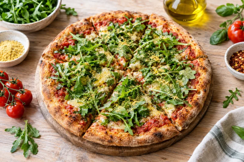 Vegane Pizza Rucola auf Holzbrett, mit frischem Rucola und veganem Käse, Nahaufnahme