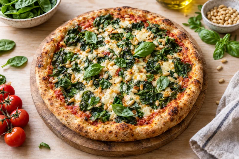 Vegane Pizza Spinaci mit Blattspinat und geschmolzenem veganen Käse auf Holzbrett