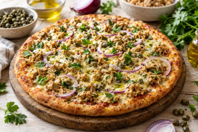 Vegane Pizza Tonno mit Kichererbsen-Thunfisch, roten Zwiebeln und Kapern auf knusprigem Teig