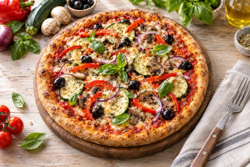 Vegane Pizza Vegetale mit buntem Gemüse und veganem Käse auf Holztisch